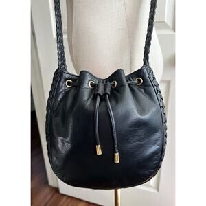 ASHNEIL Vintage Buttery Black Leather Woven Drawstring Bucket Crossbody Purse